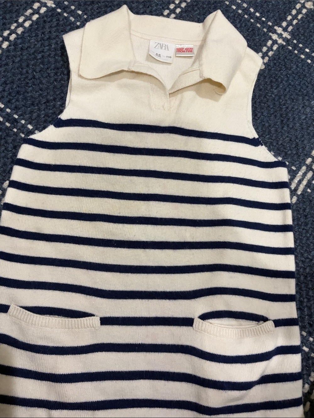 Zara Cream and Navy Striped Sleeveless Polo Knit Dress
